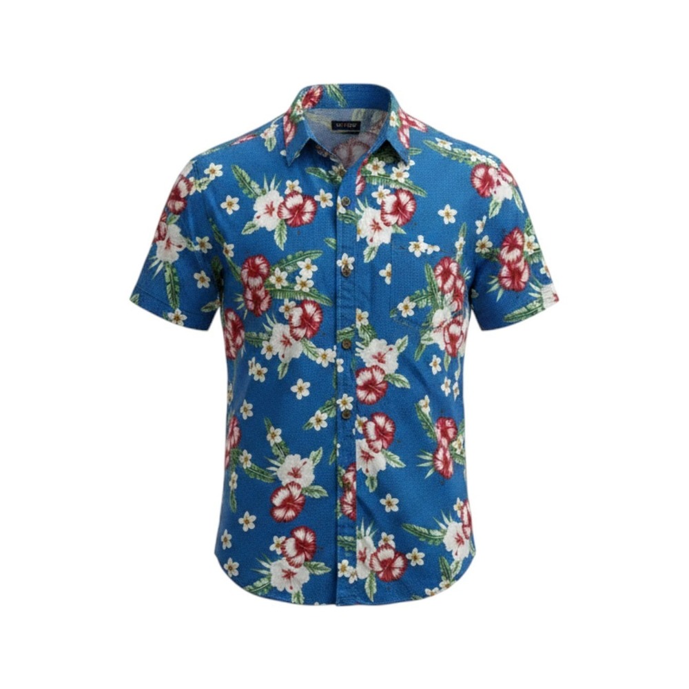 Raw Yarn Industries Hawaiian Shirt Mens S Blue Hibiscus Floral Stretch Cotton